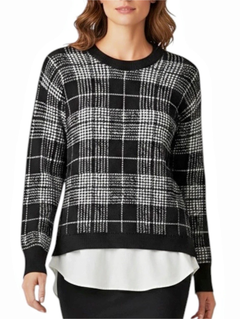 ANN TAYLOR FACTORY Plaid Mixed Media Layered Sweater Black/White Size Medium